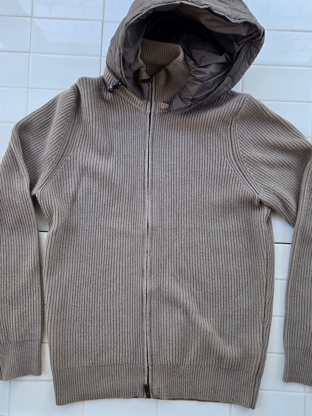 Massimo Dutti Taupe Zip-Up Hooded Knit Sweater With Detachable Hood Medium